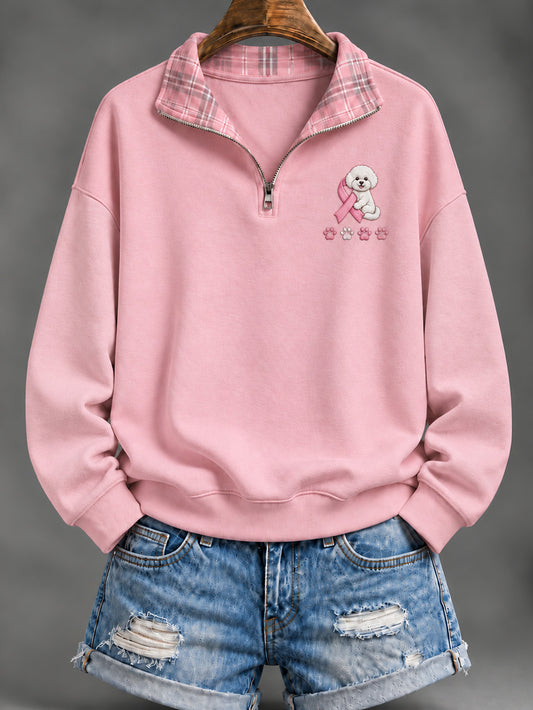 Women's Pink Charity Ribbon And Bichon Frise Pattern Checkered Design Casual Half-Zip Sweatshirt