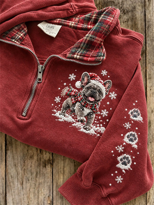 Women's Snowy Christmas French Bulldog & Paw Prints Plaid Print Sweatshirt