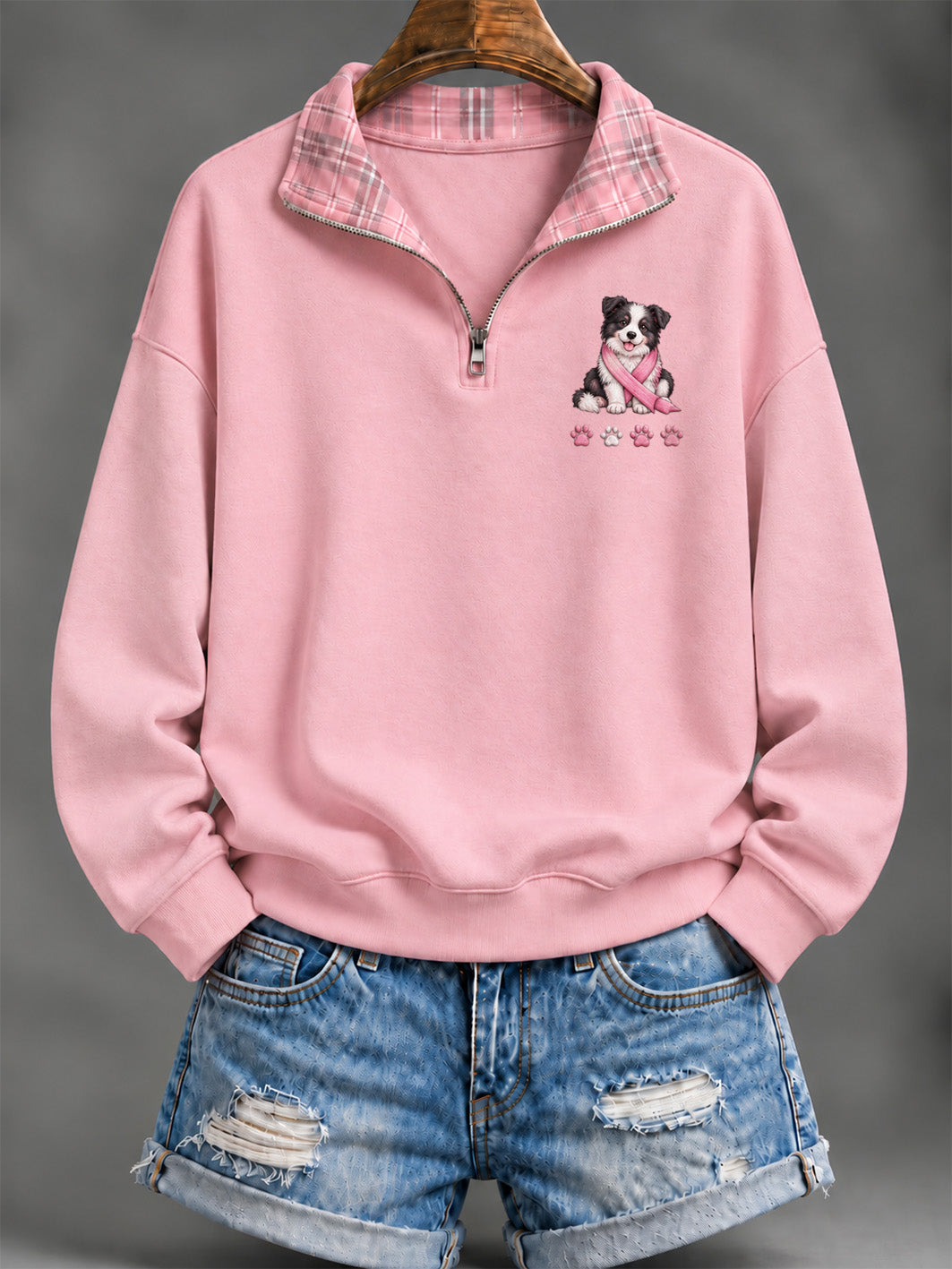 Women's Pink Charity Ribbon And Border Collie Pattern Checkered Design Casual Half-Zip Sweatshirt