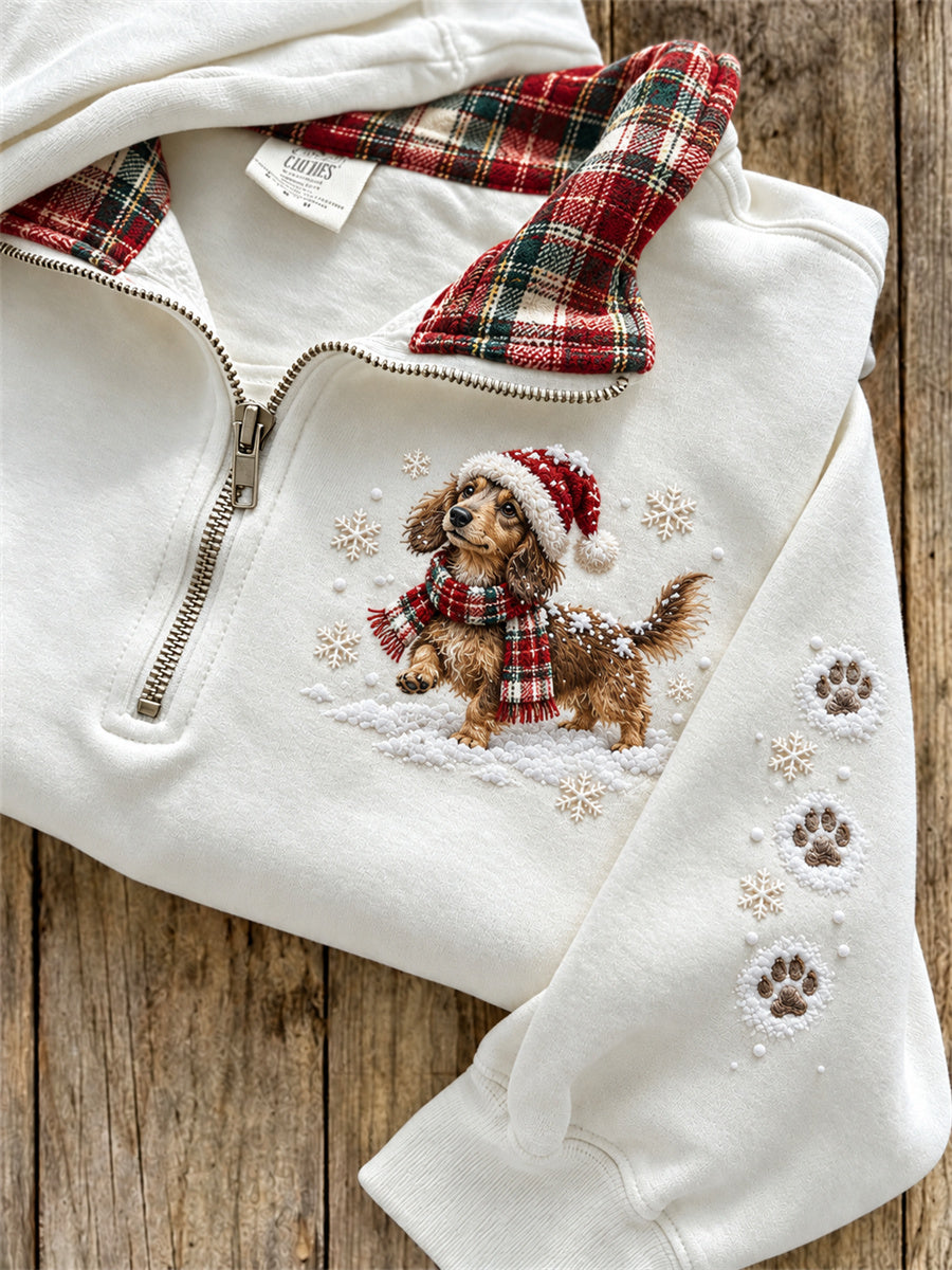 Women's Snowy Christmas Dachshund Dog & Paw Prints Plaid Print Sweatshirt