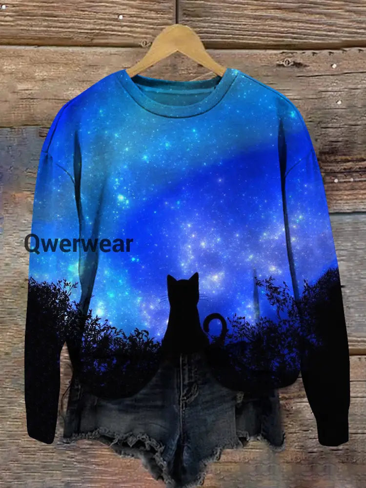 Spring Flower Fairy Printed Crew-Neck Retro Fashion Loose Long Sleeved Sweatshirt Blue / S