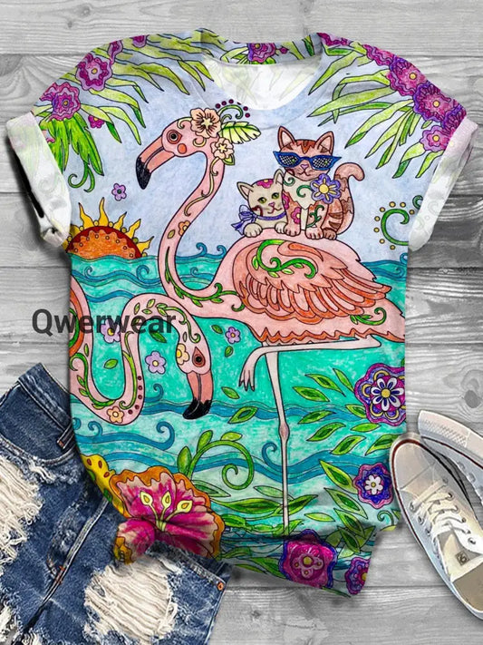 Summer Flamingo and Cat Print Crew Neck T-shirt Mixed Color / S Women\’s Tops