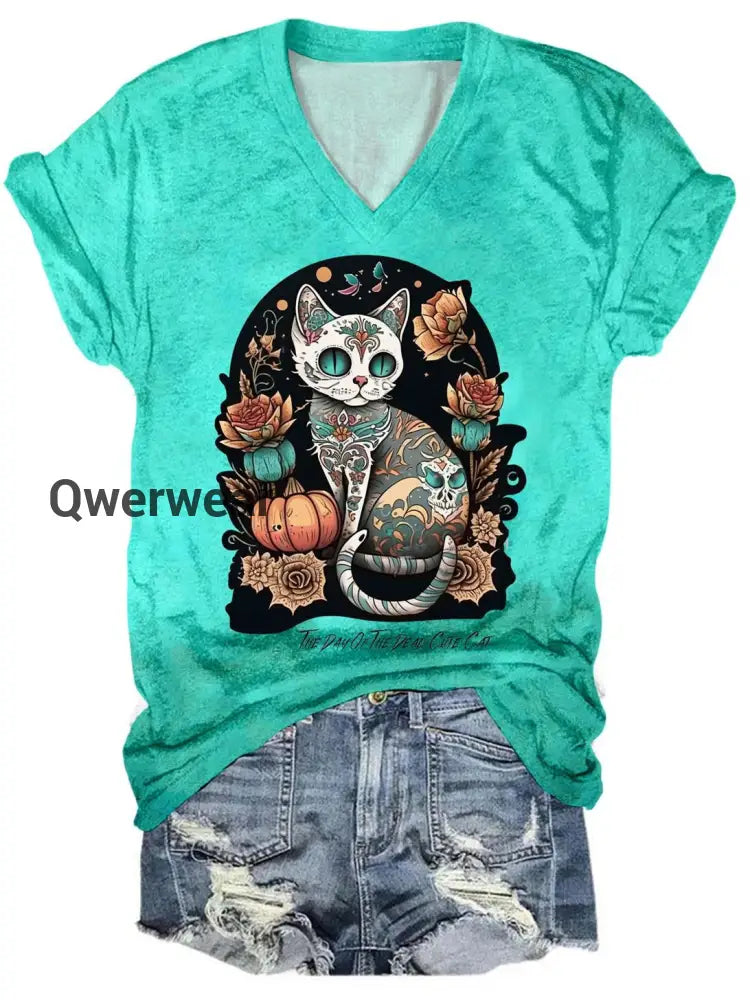The Day Of The Dead Cat Print V Neck T-Shirt multicolor / S Women\’s Tops