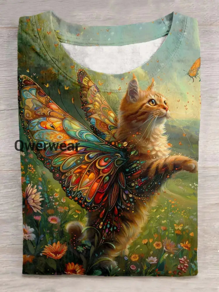 Unisex Angel Wings Cat Pattern Casual Round Neck Short Sleeve T-shirt Green / S