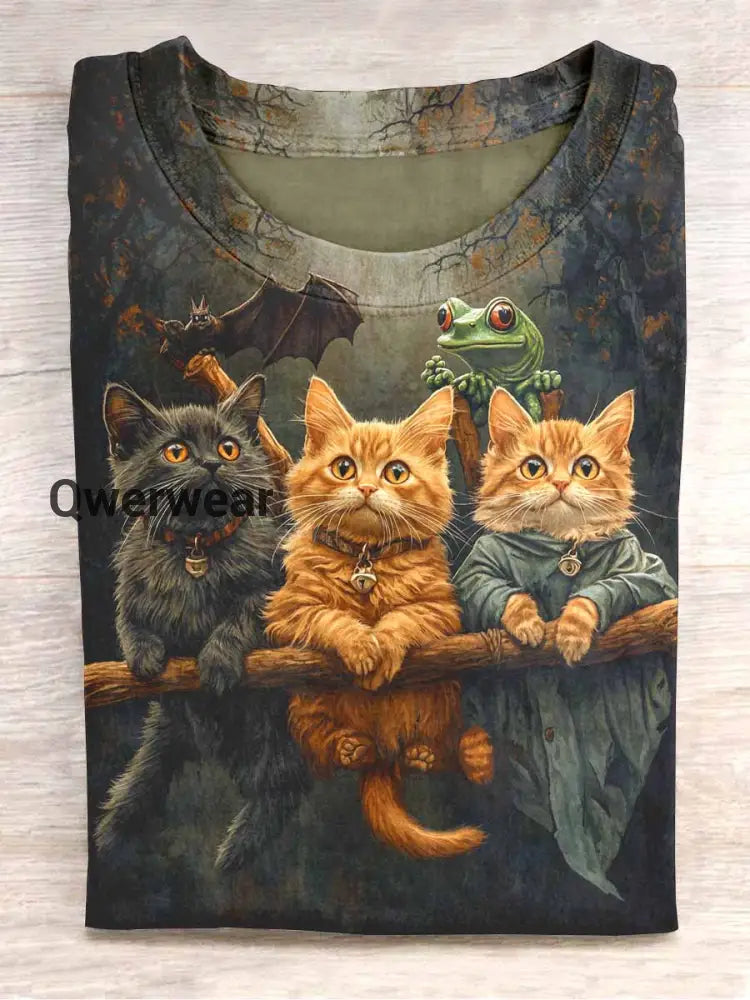 Unisex Broomstick Cat Print Casual T-shirt Black / S