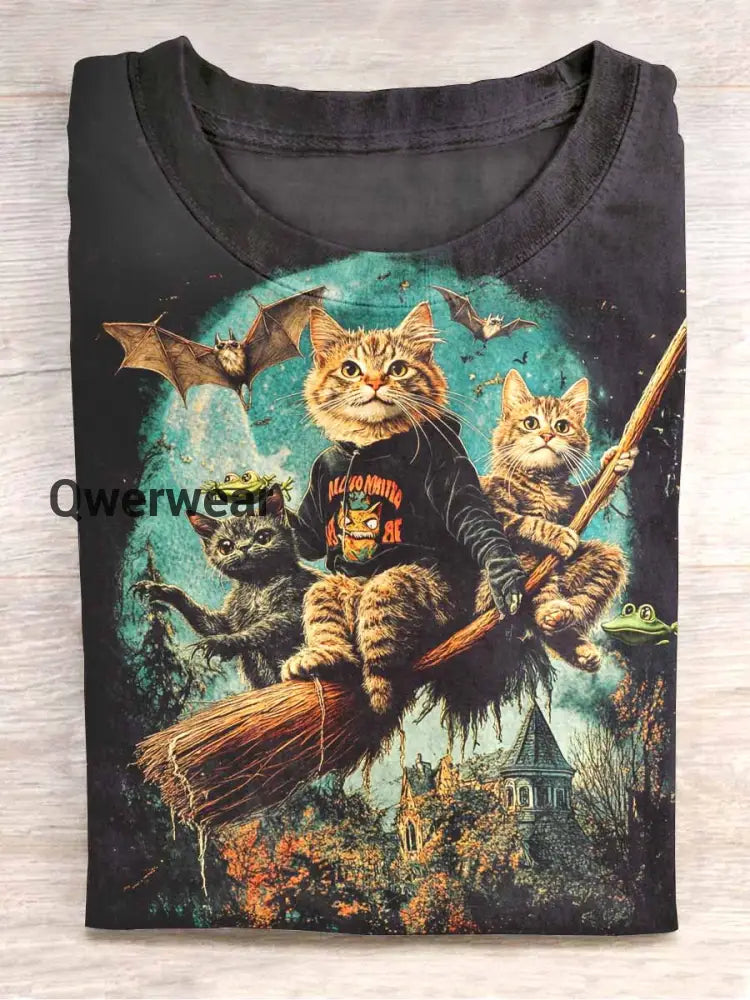 Unisex Broomstick Cat Print Casual T-shirt Black / S
