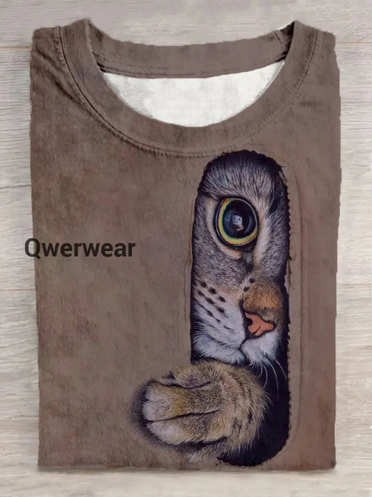 Unisex Cat Out of Cardboard Casual Round Neck Short Sleeve T-shirt Brown / S
