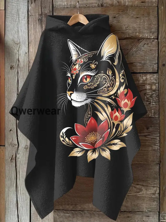 Unisex Cat Pattern Hooded Casual Warm Shawl Black / JM