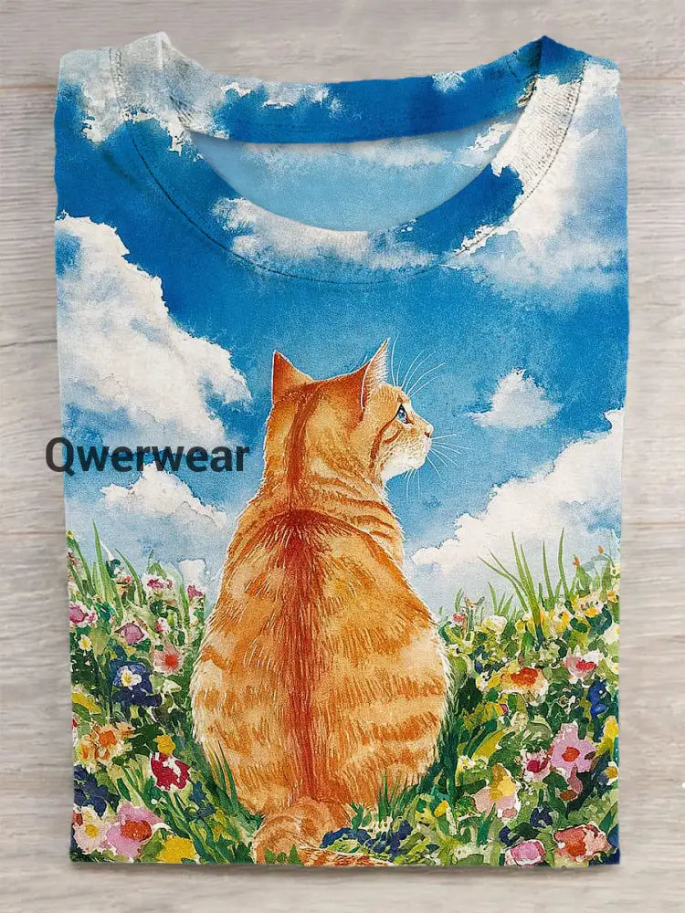 Unisex Cat Printed Vintage Fashion Loose Short Sleeve T-Shirt Colorful / S