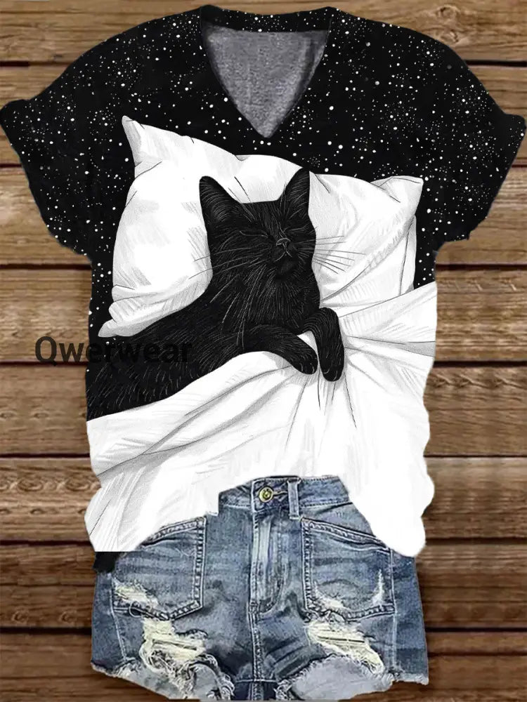 Unisex Cat Sleeping Pattern Casual V-Neck Short-Sleeved T-Shirt Black / S