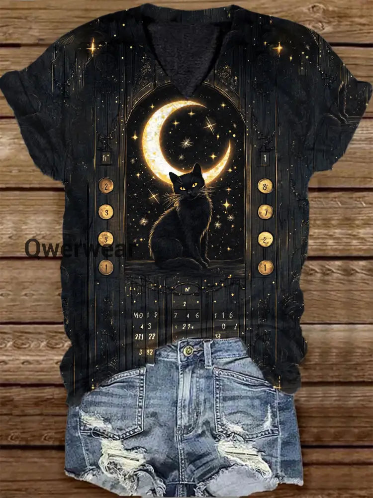 Unisex Cat Tarot Card Pattern Casual V-Neck Short Sleeve T-Shirt Black / S