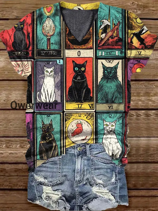 Unisex Cat Tarot Card Pattern Casual V-Neck Short T-Shirt Black / S