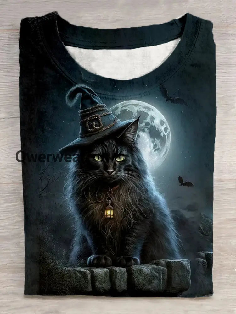 Unisex Cat Witch Full Moon Art Pattern Round Neck Short Sleeve Casual T-shirt Black / S