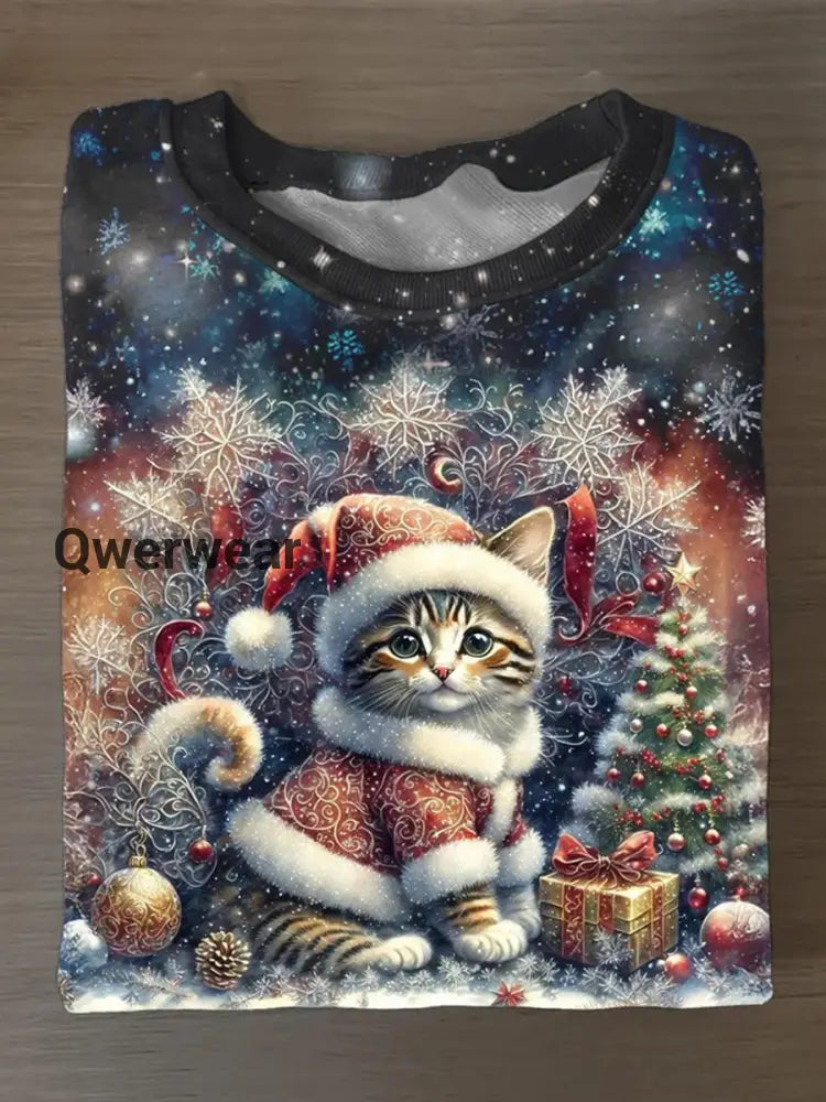 Unisex Christmas Cat Pattern Casual Round Neck Short Sleeve T-Shirt Colorful / S