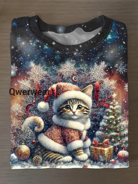 Unisex Christmas Cat Pattern Casual Round Neck Short Sleeve T-Shirt Colorful / S
