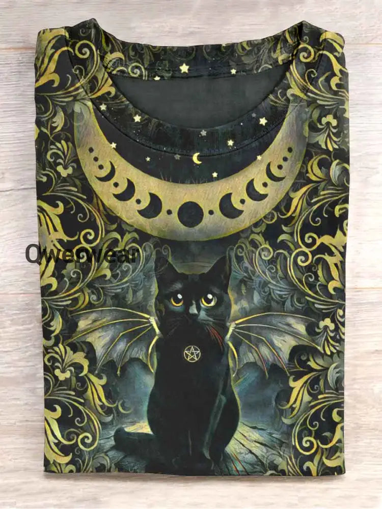 Unisex Dark Magic Cat Printed Casual T-Shirt Dark Green / S