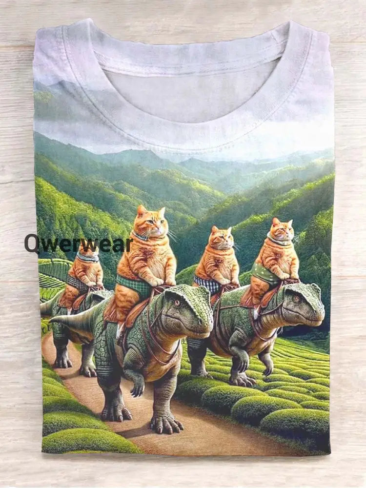 Unisex Dinosaur Cat Print Casual Short Sleeve T-Shirt As picture / S