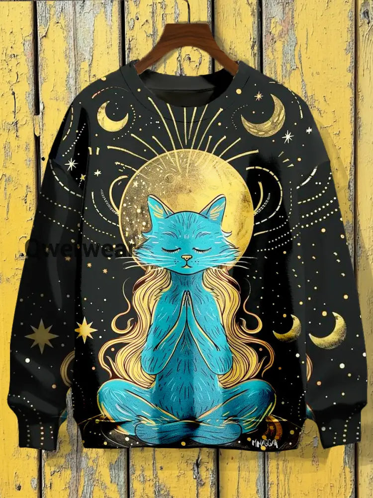 Unisex Divination Praying Cat Pattern Casual Round Neck Long Sleeve Sweatshirt Black / S