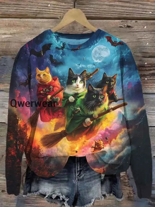 Unisex Flying Cats Printed Casual Sweatshirt Blue / S