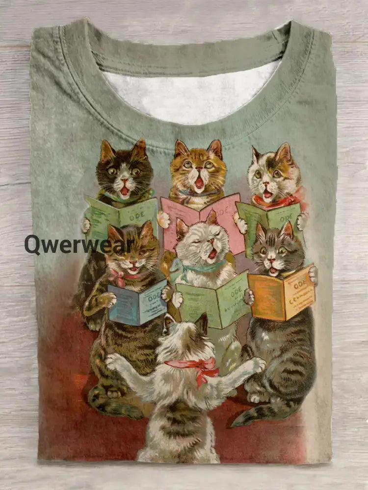 Unisex Fun Cat Choir Pattern Round Neck Short Sleeve Casual T-Shirt Colorful / S