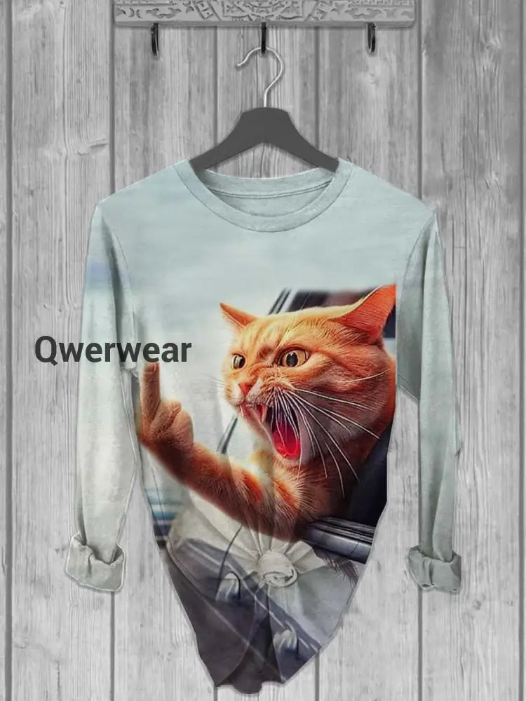 Unisex Funny Angry Cat Art Print Casaul long-sleeved T-shirt Blue / S