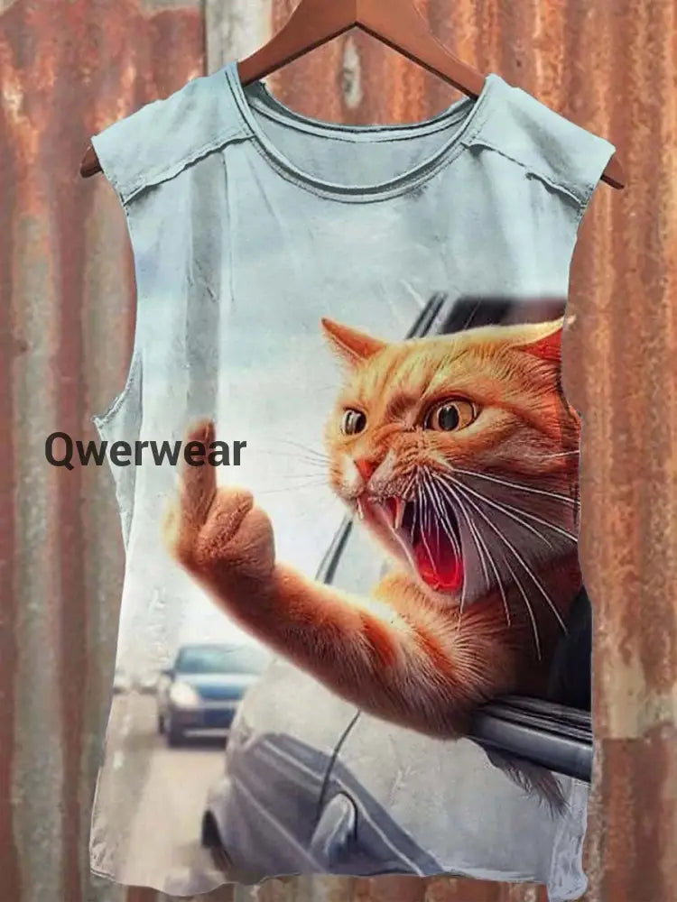 Unisex Funny Angry Cat Art Print Casaul Tank Top Blue / S