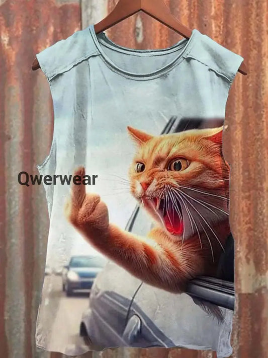 Unisex Funny Angry Cat Art Print Casaul Tank Top Blue / S