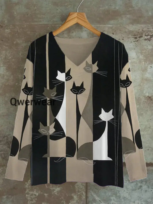Unisex Geometric Cat Pattern Casual V-Neck long Sleeve T-shirt Black / S