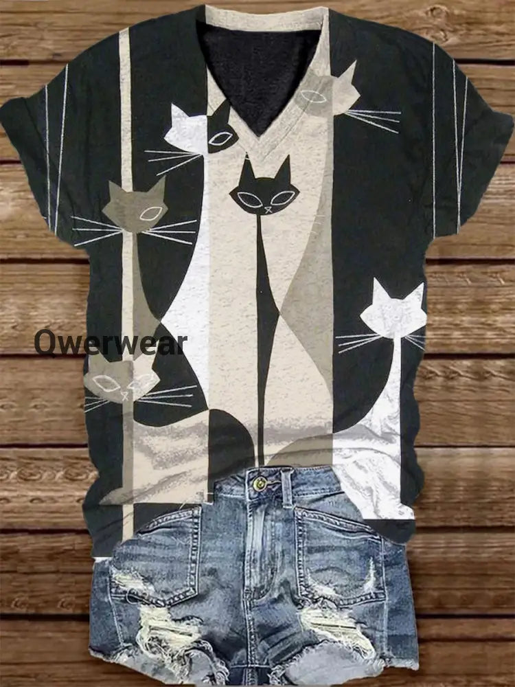 Unisex Geometric Cat Pattern Casual V-Neck Short Sleeve T-Shirt Black / S