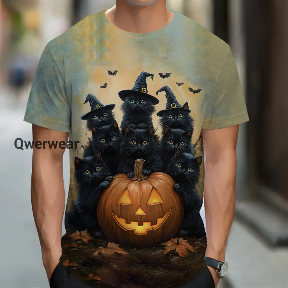 Unisex Halloween Wizard Cats Printed Casual T-Shirt