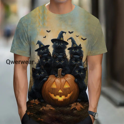 Unisex Halloween Wizard Cats Printed Casual T-Shirt