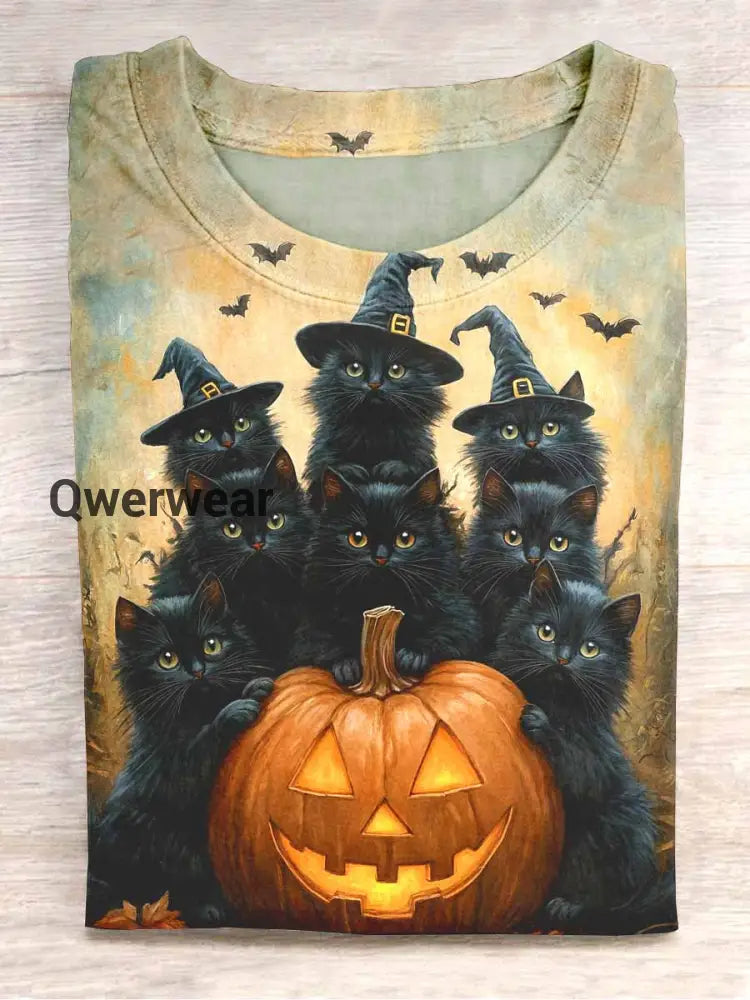 Unisex Halloween Wizard Cats Printed Casual T-Shirt Khaki / S