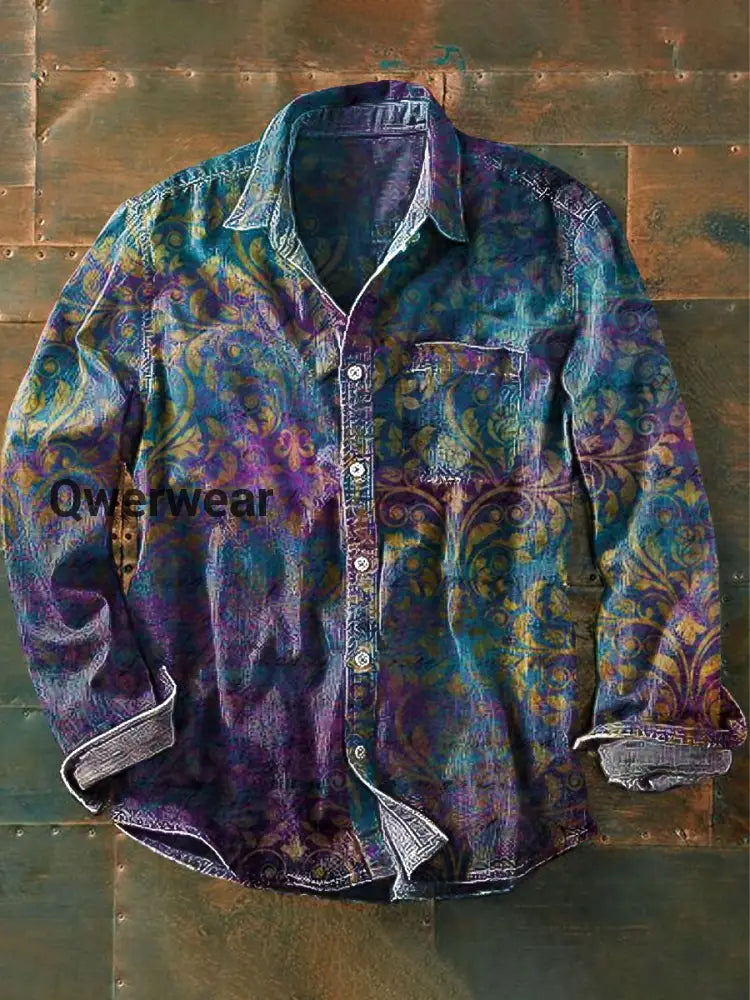 Unisex Halo Dye Floral Vintage Printed Lapel Long Sleeve Pocket Shirt Colorful / S Mens shirts