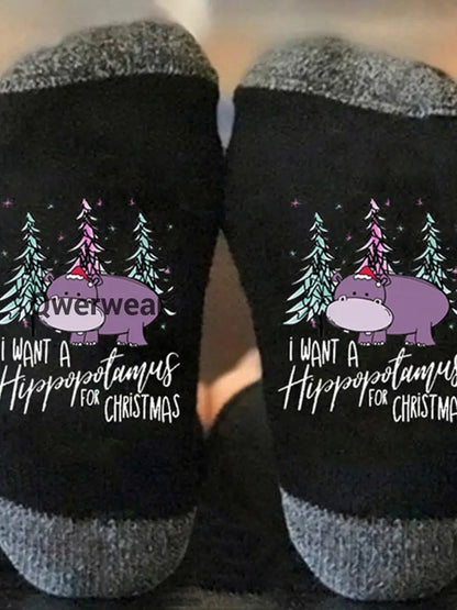 Unisex Hippo Print Color Block Thermal Stockings Black-Gray / JM