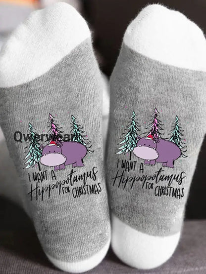 Unisex Hippo Print Color Block Thermal Stockings Offwhite / JM