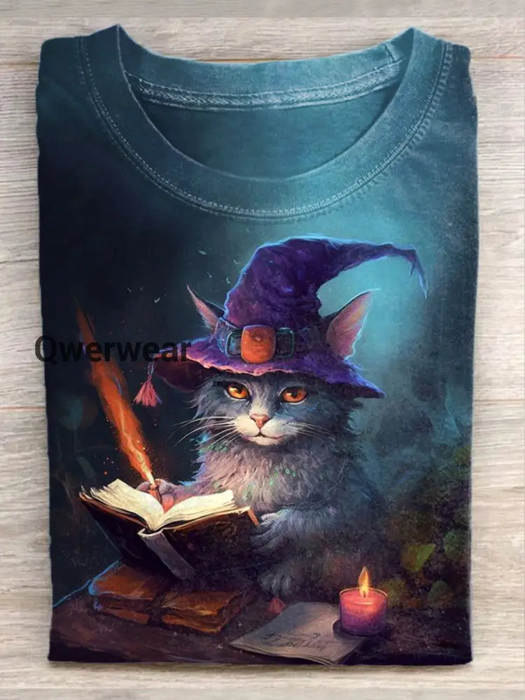 Unisex Magic Cat Art Illustration Print Casual Round Neck T-Shirt As picture / S