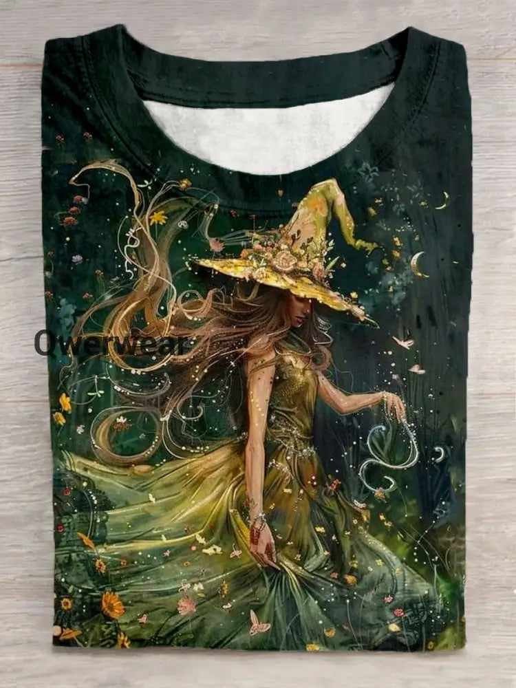 Unisex Magic Witch Hat Elf Pattern Round Neck Short Sleeve T-shirt Green / S