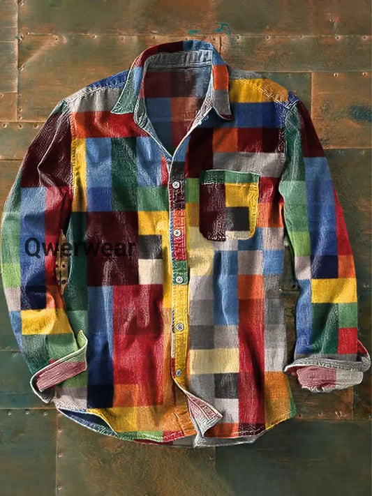 Unisex Simple Rainbow Color Plaid Vintage Printed Lapel Long Sleeve Pocket Shirt Colorful / S