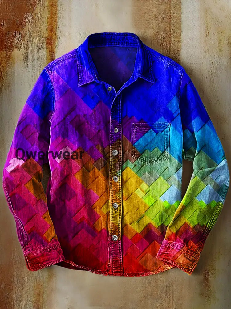 Unisex Simple Retro Fashion Colorful Art Print Lapel Long Sleeve Pocket Shirt A / S Mens shirts