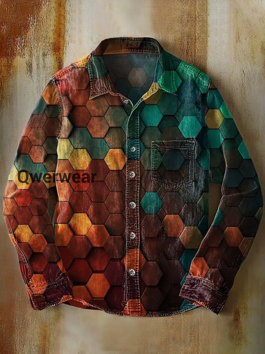 Unisex Simple Retro Fashion Colorful Art Print Lapel Long Sleeve Pocket Shirt A / S Mens shirts