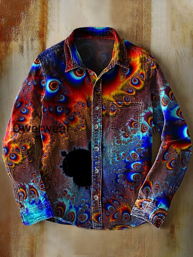 Unisex Simple Retro Fashion Colorful Art Print Lapel Long Sleeve Pocket Shirt A / S Mens shirts