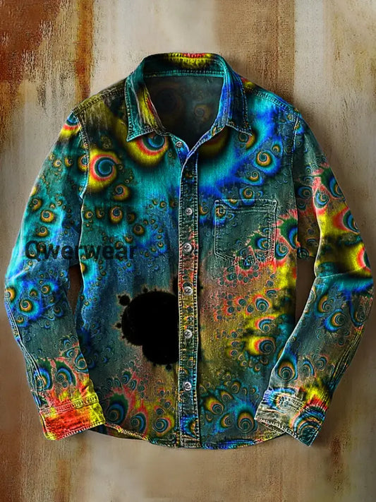 Unisex Simple Retro Fashion Colorful Art Print Lapel Long Sleeve Pocket Shirt B / S Mens shirts
