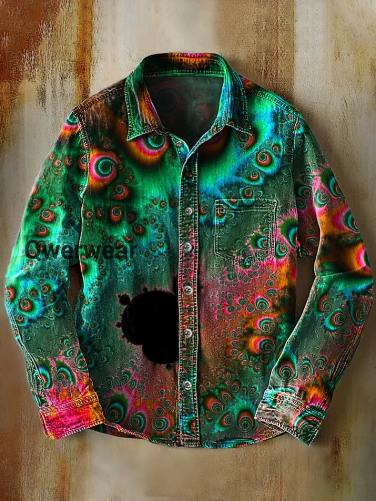 Unisex Simple Retro Fashion Colorful Art Print Lapel Long Sleeve Pocket Shirt C / S Mens shirts