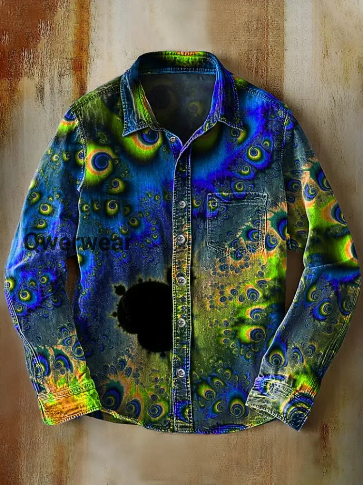 Unisex Simple Retro Fashion Colorful Art Print Lapel Long Sleeve Pocket Shirt F / S Mens shirts