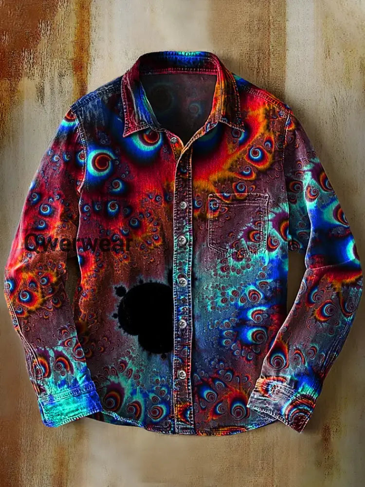 Unisex Simple Retro Fashion Colorful Art Print Lapel Long Sleeve Pocket Shirt E / S Mens shirts