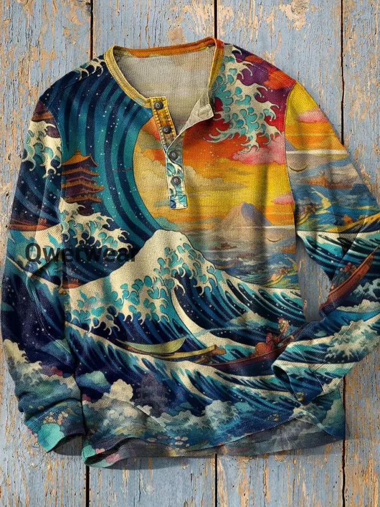 Unisex Simple Retro Western Colorful Art Print Long Sleeve Fashion Henley Shirt A / S