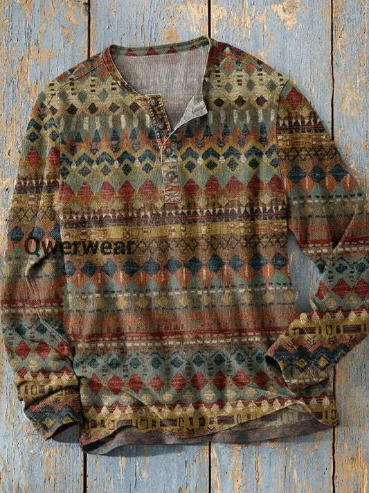 Unisex Simple Retro Western Colorful Art Print Long Sleeve Fashion Henley Shirt A / S