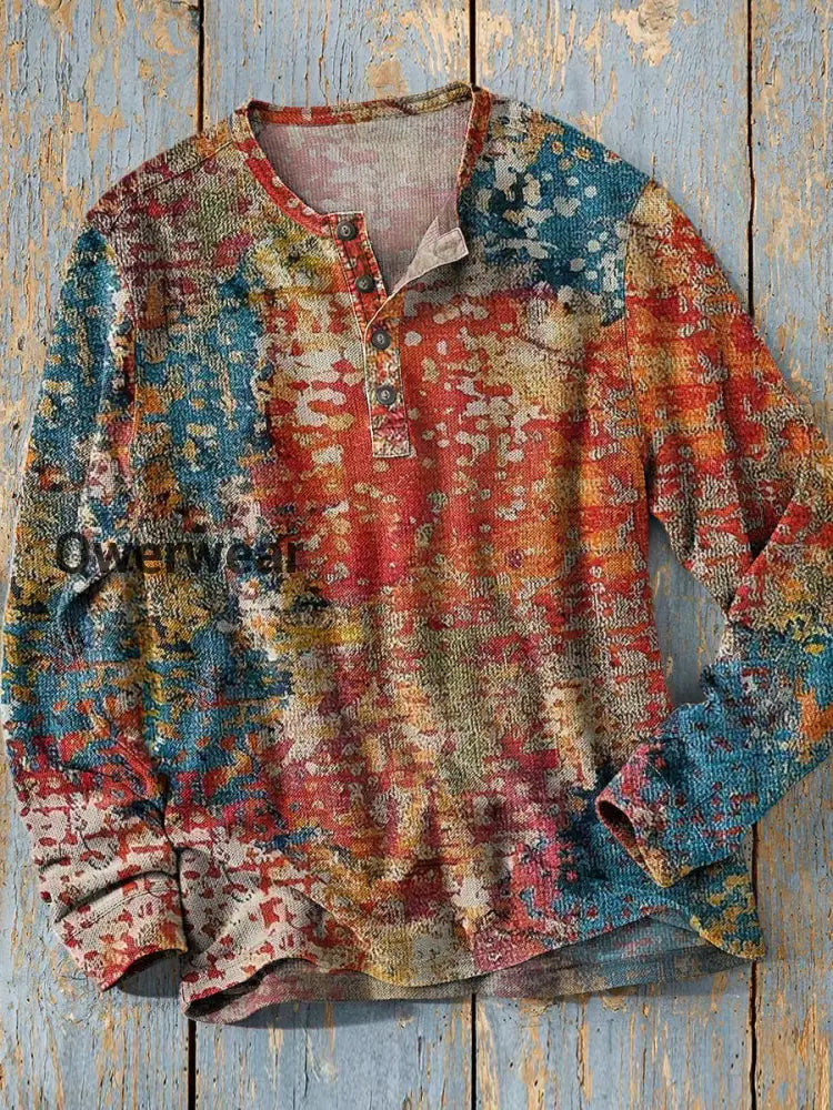 Unisex Simple Retro Western Colorful Art Print Long Sleeve Fashion Henley Shirt A / S