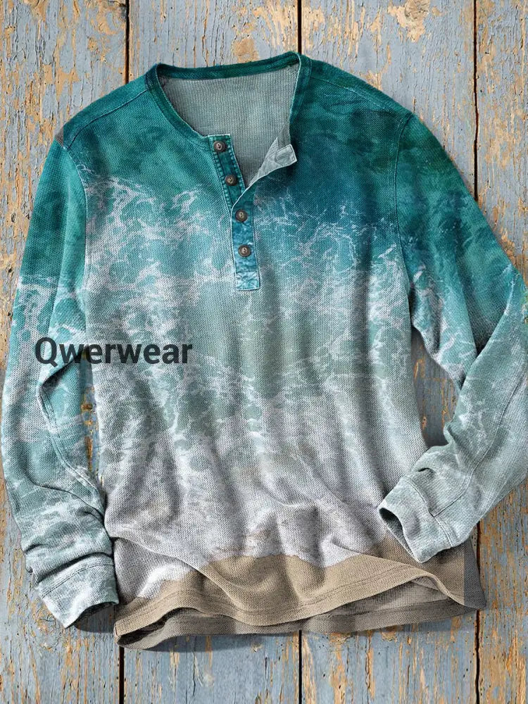 Unisex Simple Retro Western Colorful Art Print Long Sleeve Fashion Henley Shirt A / S