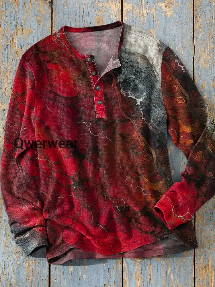 Unisex Simple Retro Western Colorful Art Print Long Sleeve Fashion Henley Shirt A / S